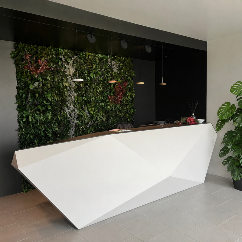 bancone di design in eps resinato e verniciato per reception aziendale